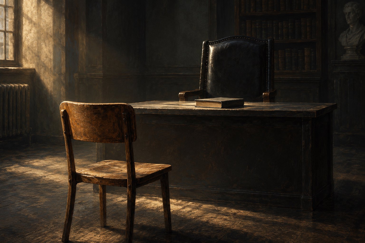 Conceptual illustration of two empty chairs facing each other across a wooden desk with a closed book in a shadowy room.