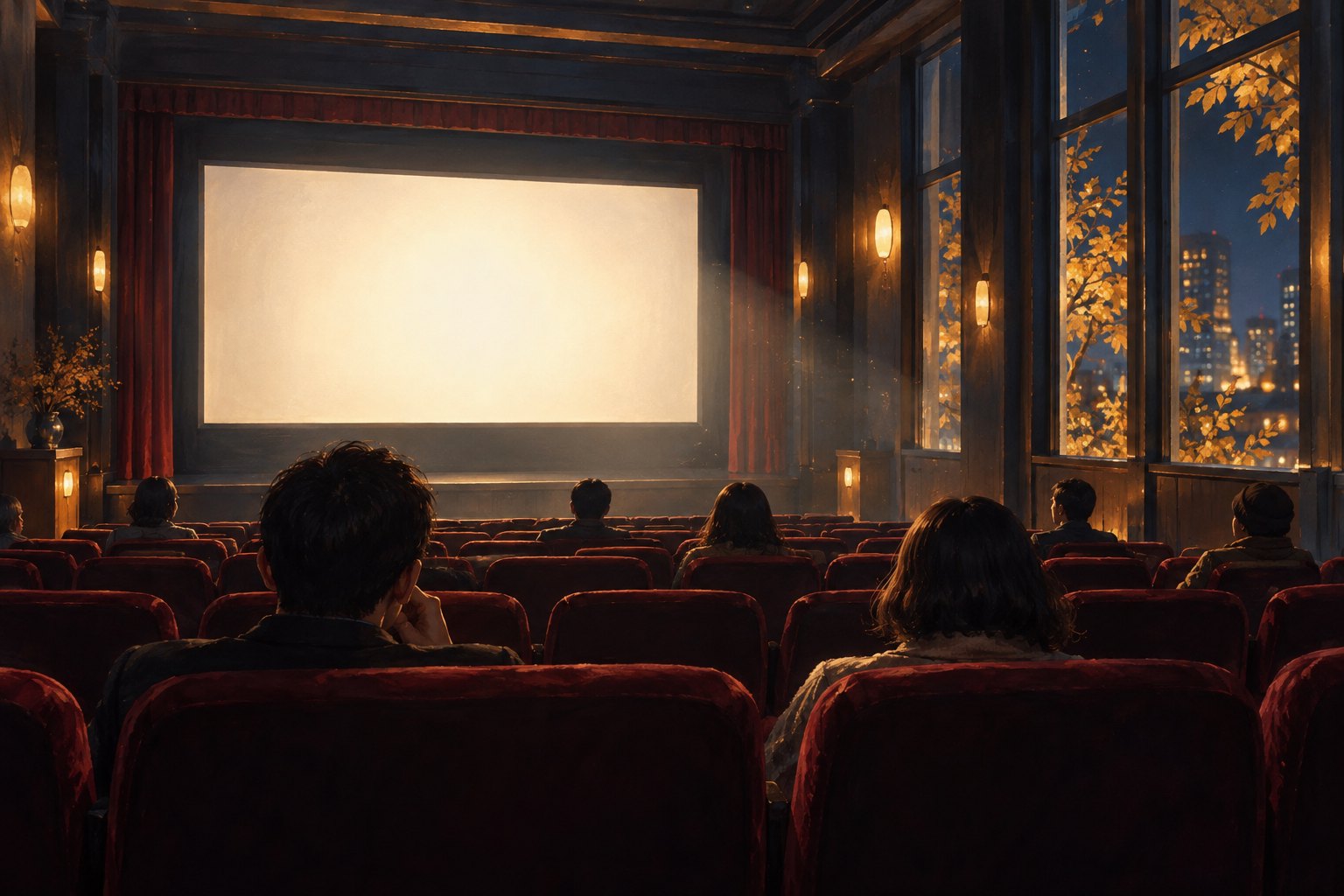 秋夜影院主题插画：观众坐在红色座椅间等待放映，窗外金黄树叶映着暖光