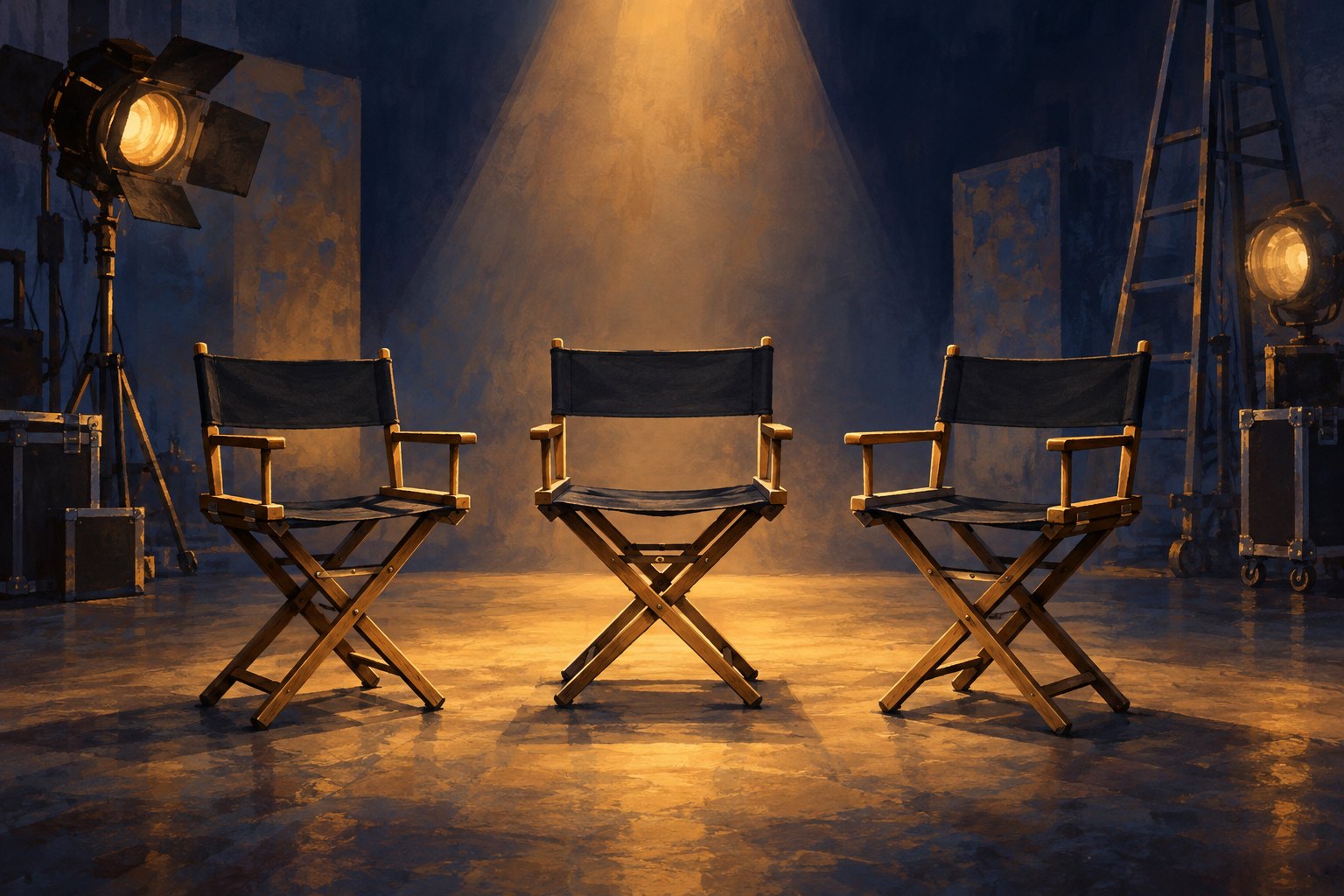 Conceptual illustration of three empty canvas chairs under amber lights on a dark soundstage.