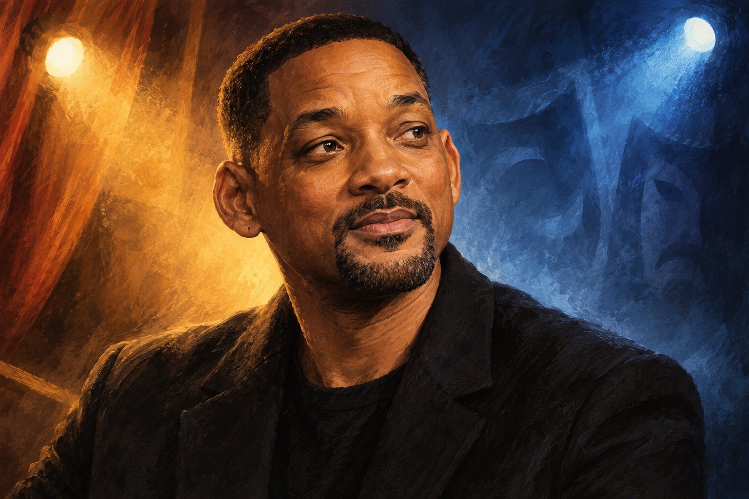 Painted portrait of Will Smith in a dark jacket, framed by warm amber and cool blue theatrical lights.
