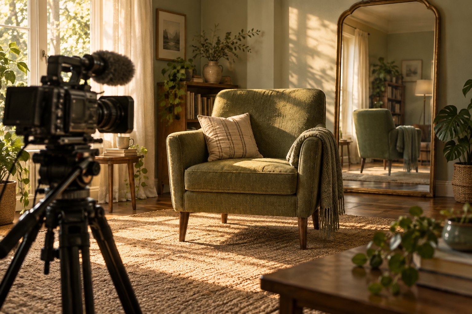Conceptual illustration of a documentary camera facing an empty green armchair beside a mirror in a sunlit room.