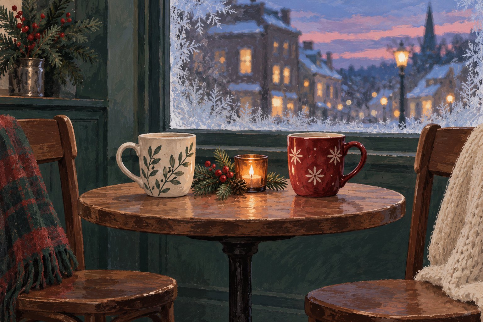 Concept illustration of two ceramic mugs and a candle on a cafe table beside a frosted window at winter dusk.
