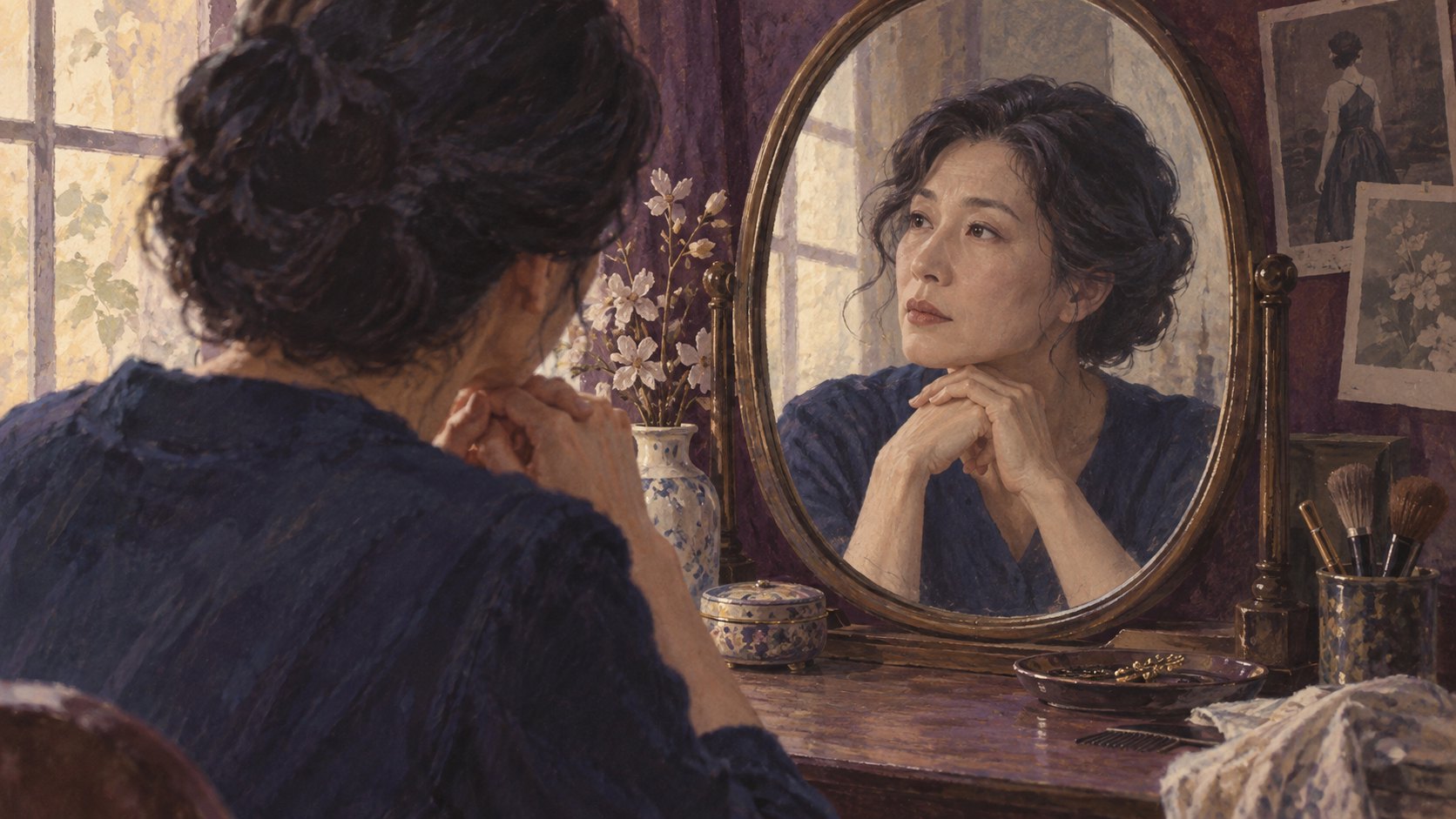 虛構女子在梳妝鏡前交握雙手,鏡面映出沉思神情的表演觀察概念插畫,非電影劇照