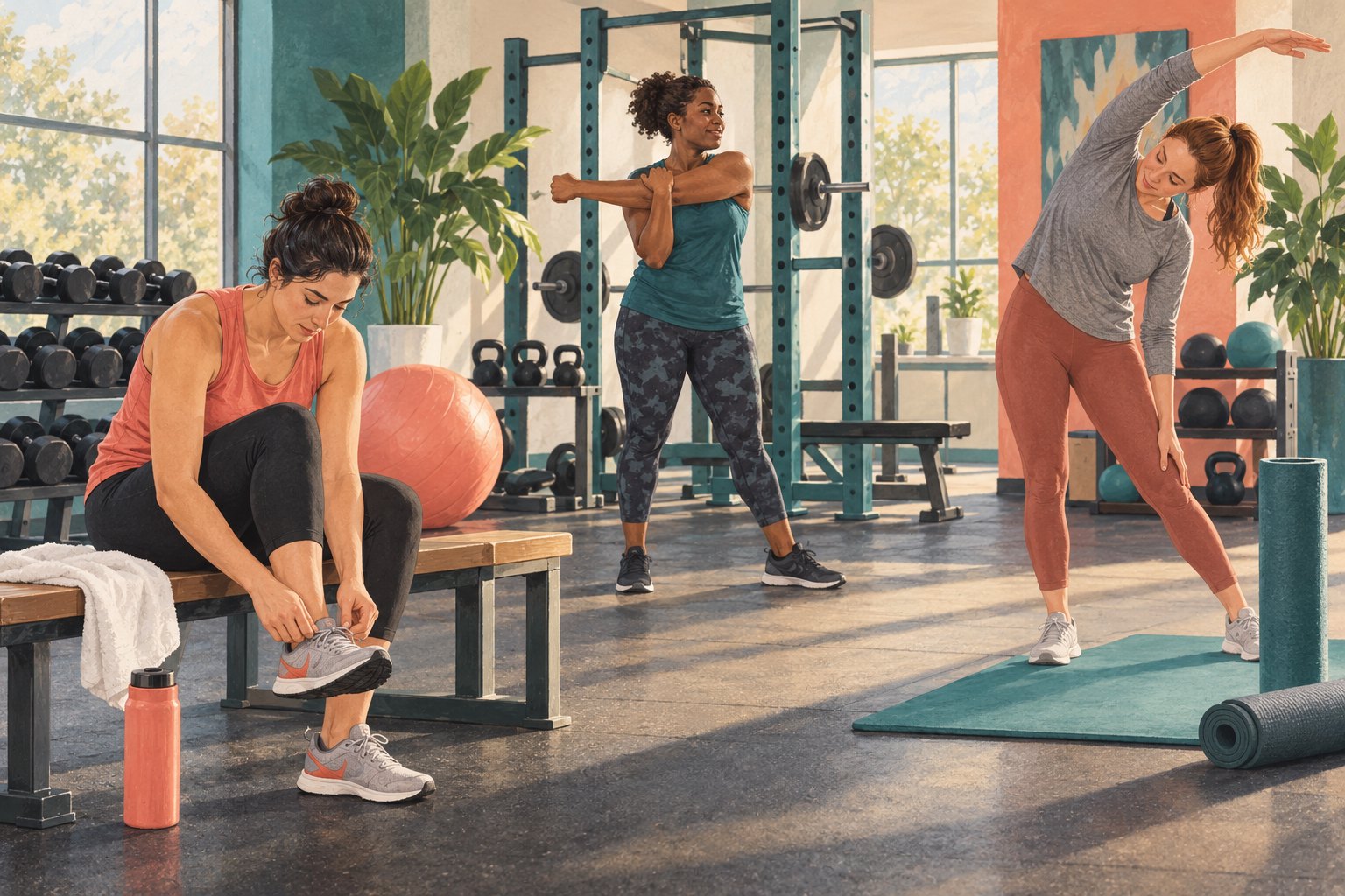 Editorial illustration of women stretching and preparing for their workouts in a sunlit gym.