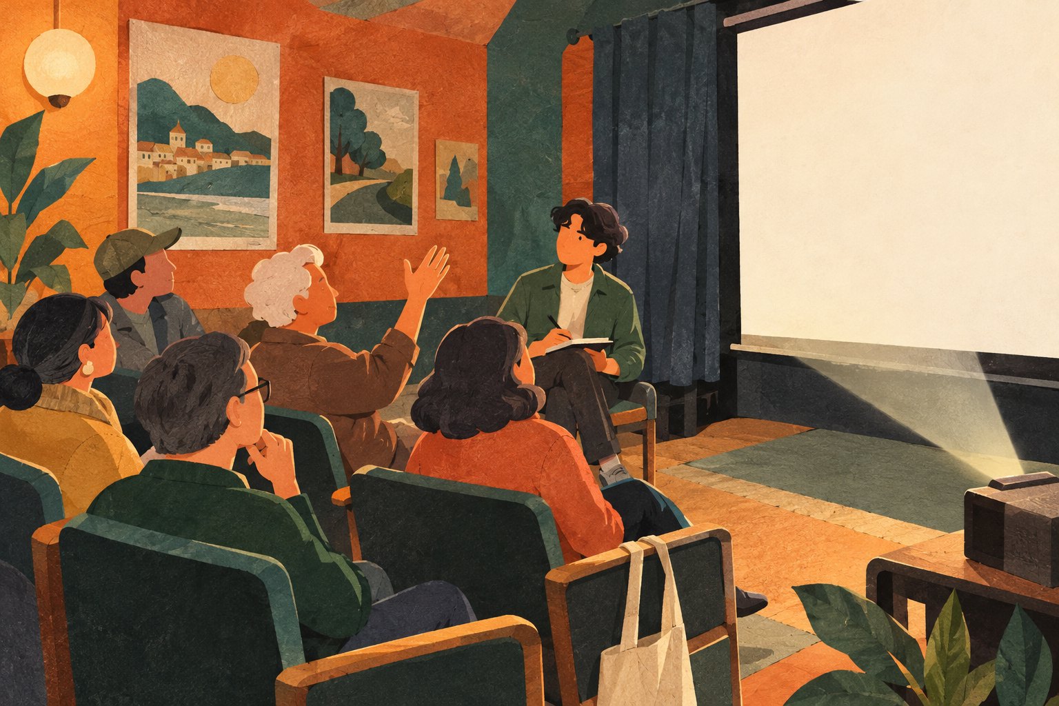 社区放映室里观众举手交流,创作者拿着记事本倾听的概念插画,非实际活动记录