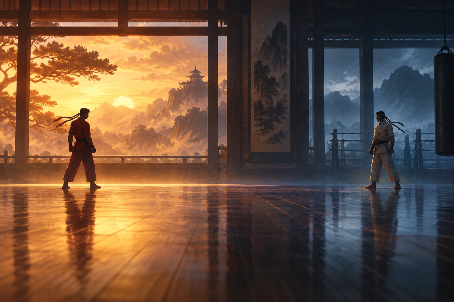 Conceptual illustration of two martial artists facing each other in a training hall divided between warm sunset light and cool shadows.
