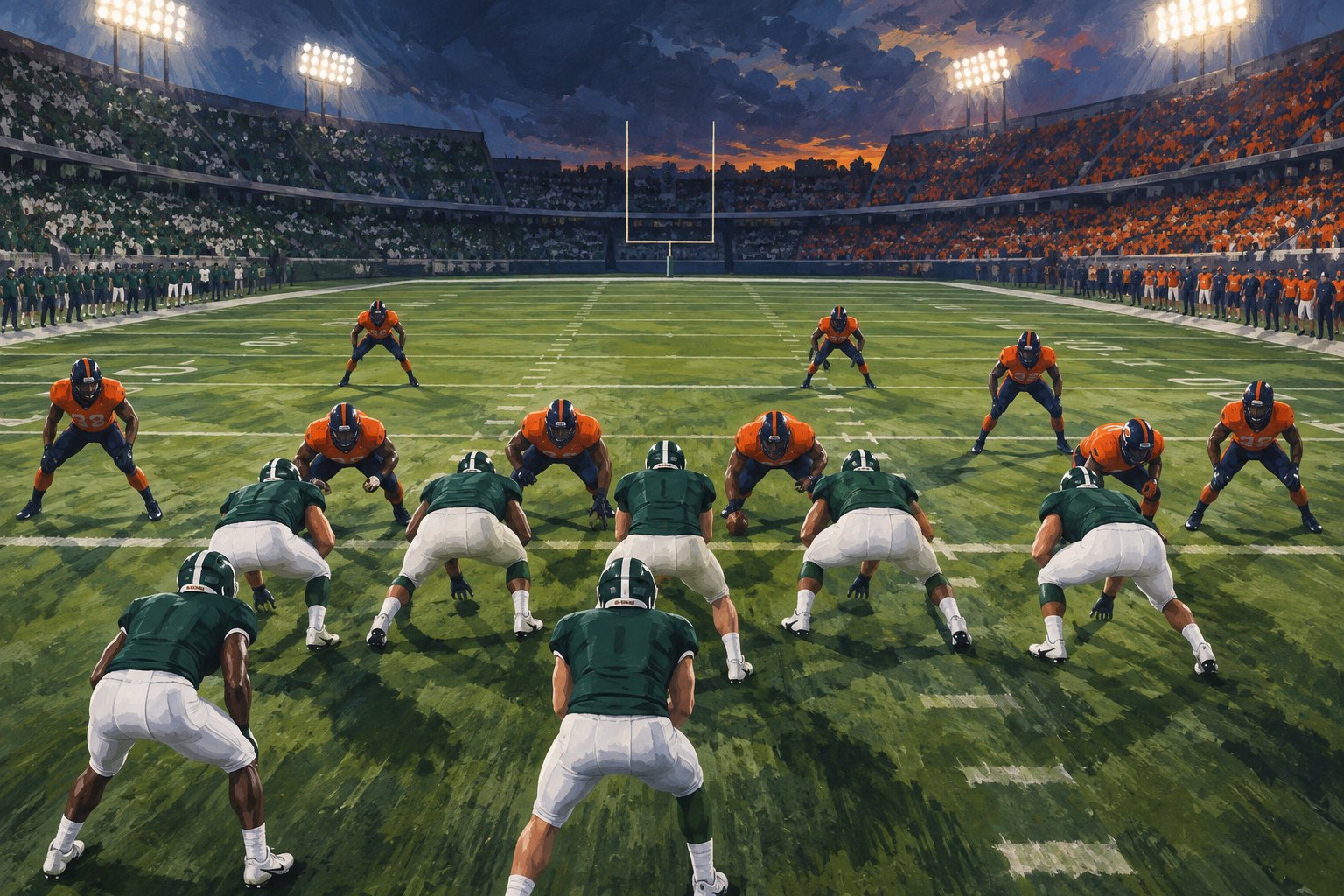 Conceptual illustration of football players in green and white facing opponents in orange and navy under stadium lights.