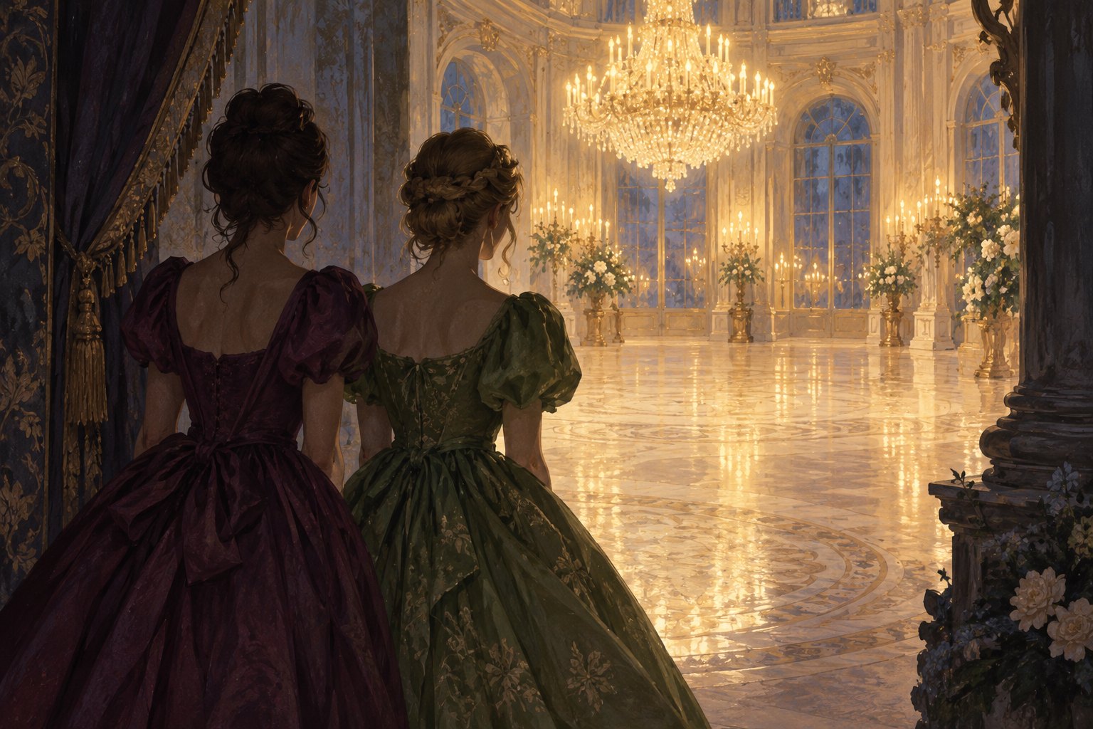Conceptual fairy-tale illustration of two women looking from a shadowed doorway into an empty golden ballroom.