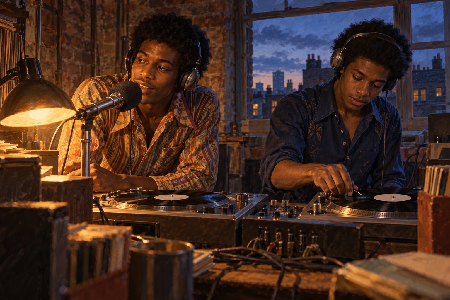 Original illustration of two young Black soul DJs broadcasting from a warmly lit 1970s London garage.