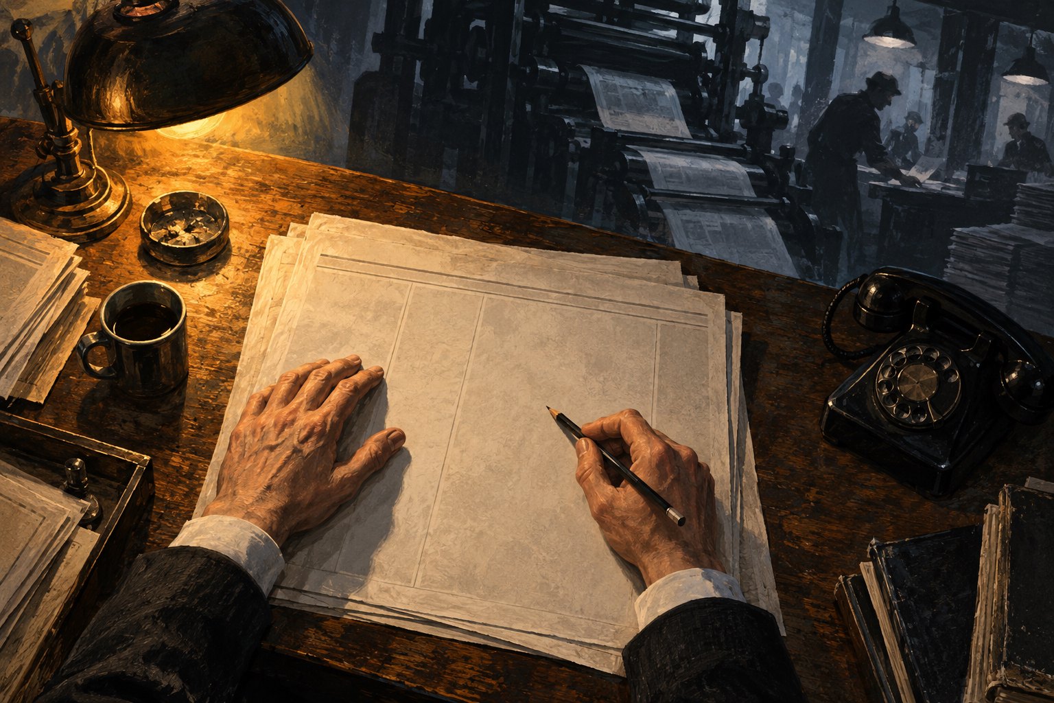 Conceptual illustration of an editor’s hands above blank newspaper sheets, with a rotary telephone and printing press shadows.