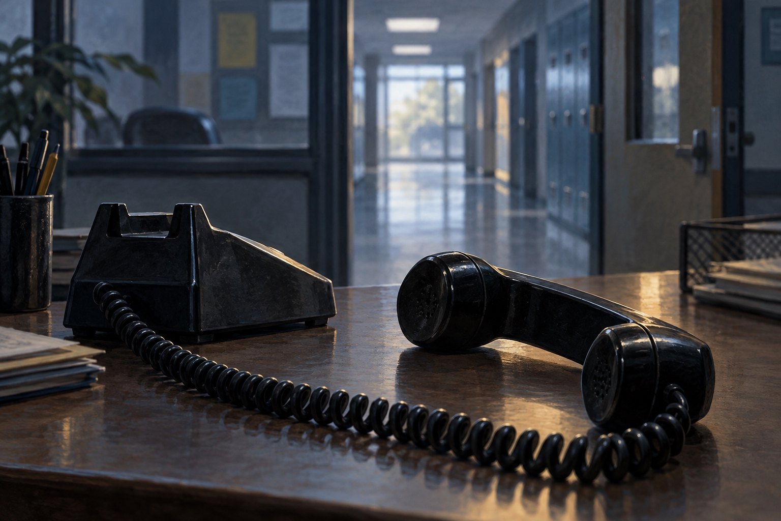 Conceptual illustration of a telephone receiver beside its base on a school office desk overlooking an empty hallway.