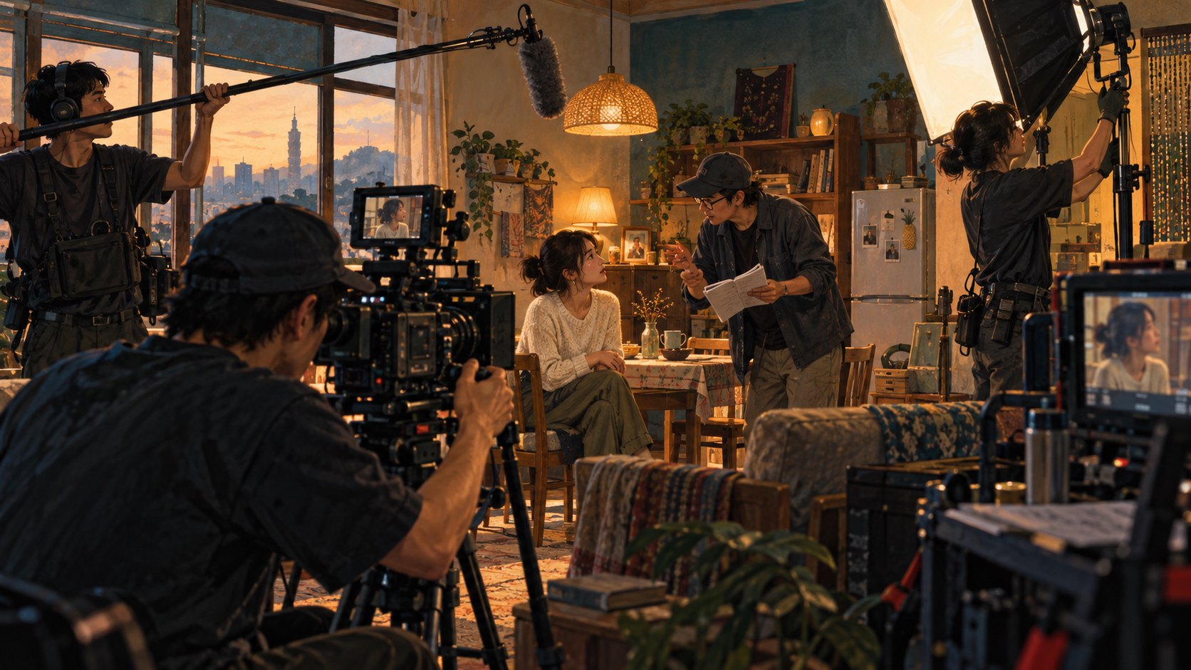 原創概念插畫：攝影、收音與燈光人員在室內片場協作，導演與演員討論表演