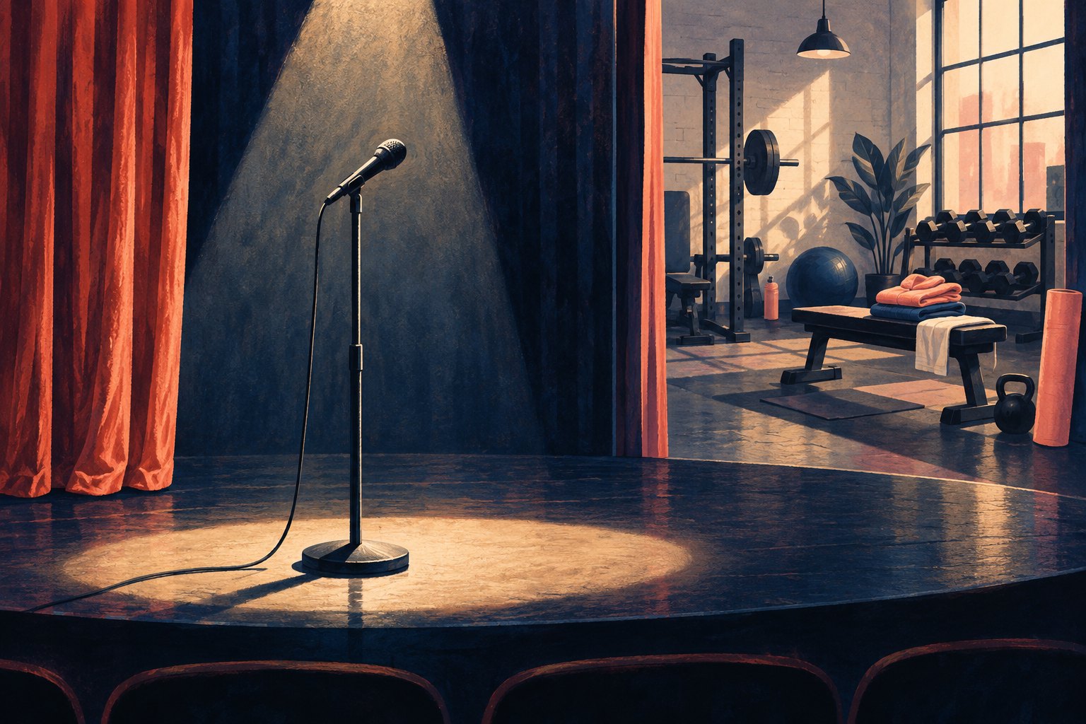 Conceptual illustration of a spotlighted stand-up microphone with a separate gym space beyond the stage.