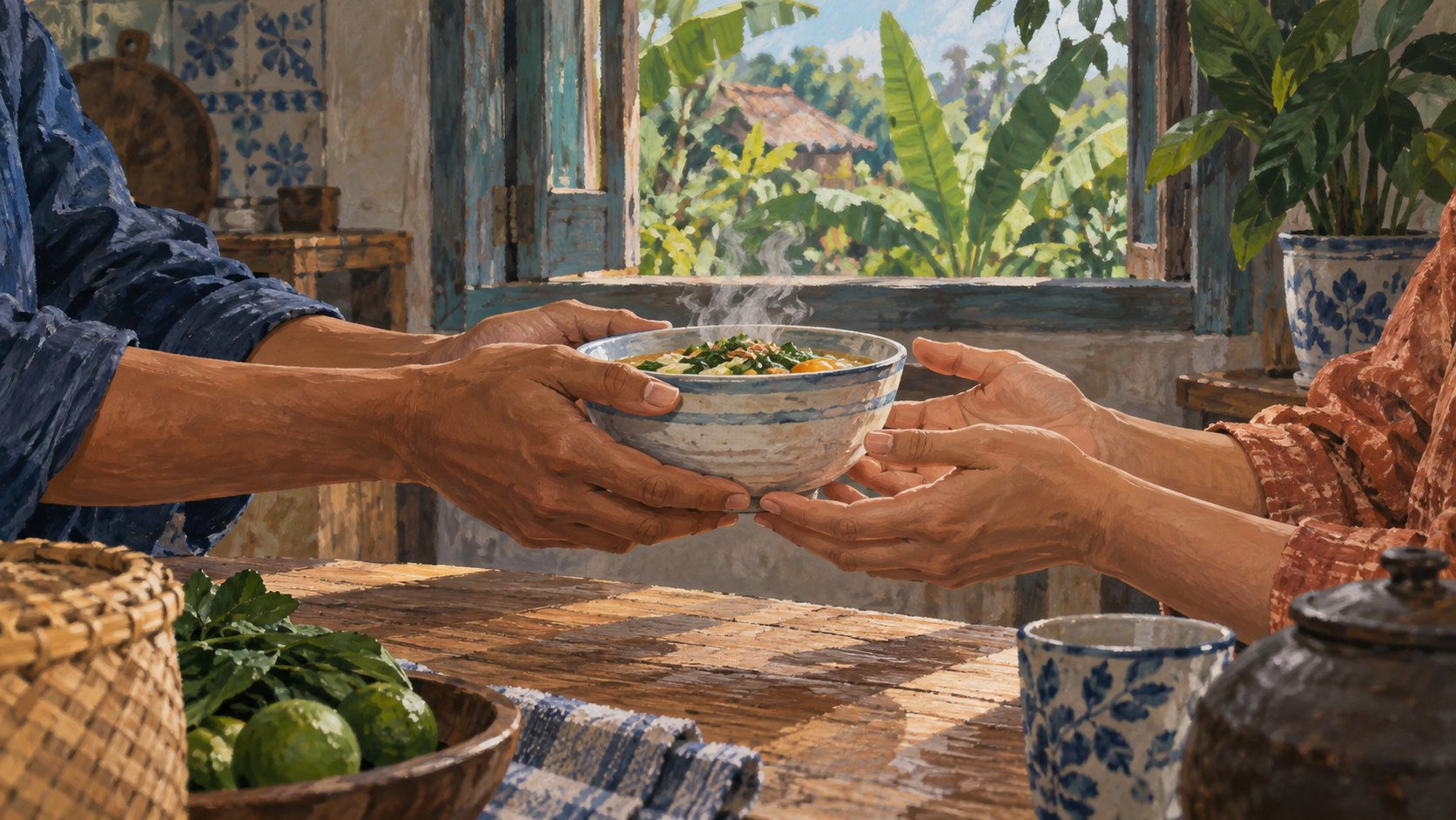兩雙手在木桌上遞接一碗熱食,以日常照顧表現疼惜的原創概念插畫,非電影劇照