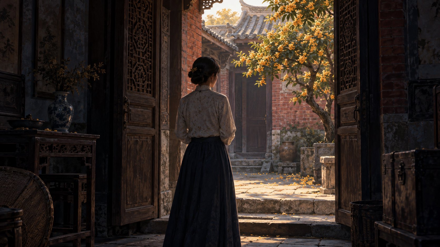 原創概念插畫：身穿傳統衣裙的女子站在老宅門內，望向庭院日光與桂花樹，呼應女性處境與人生選擇