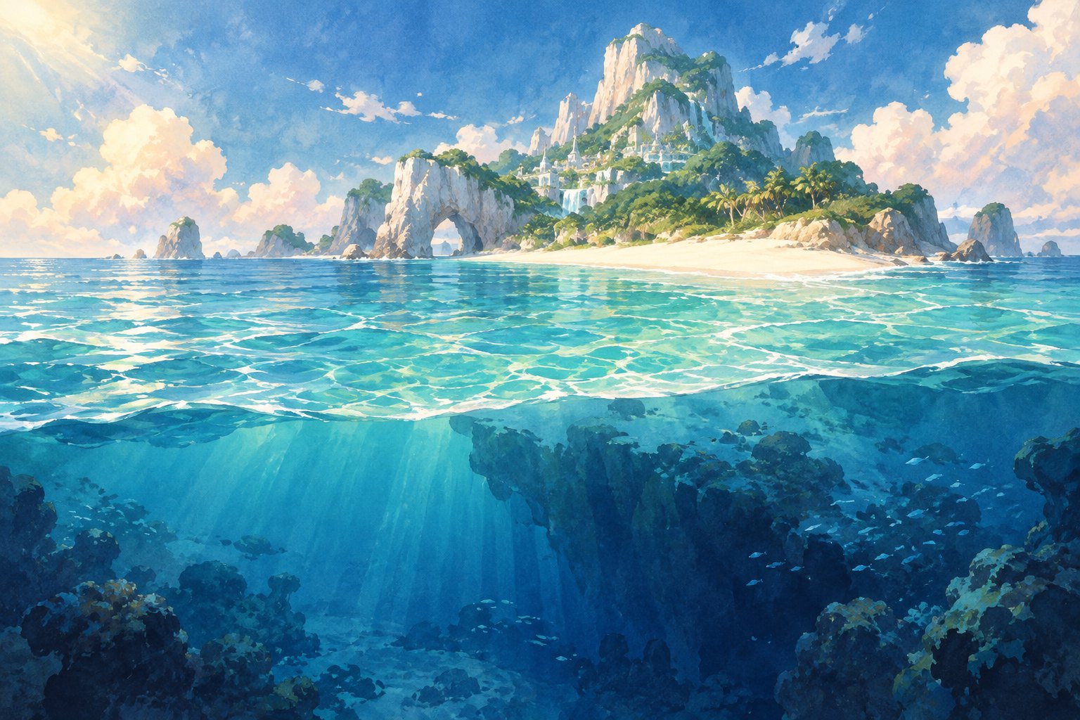 Conceptual watercolor illustration of a sunlit island surrounded by turquoise water and deep underwater shadows.