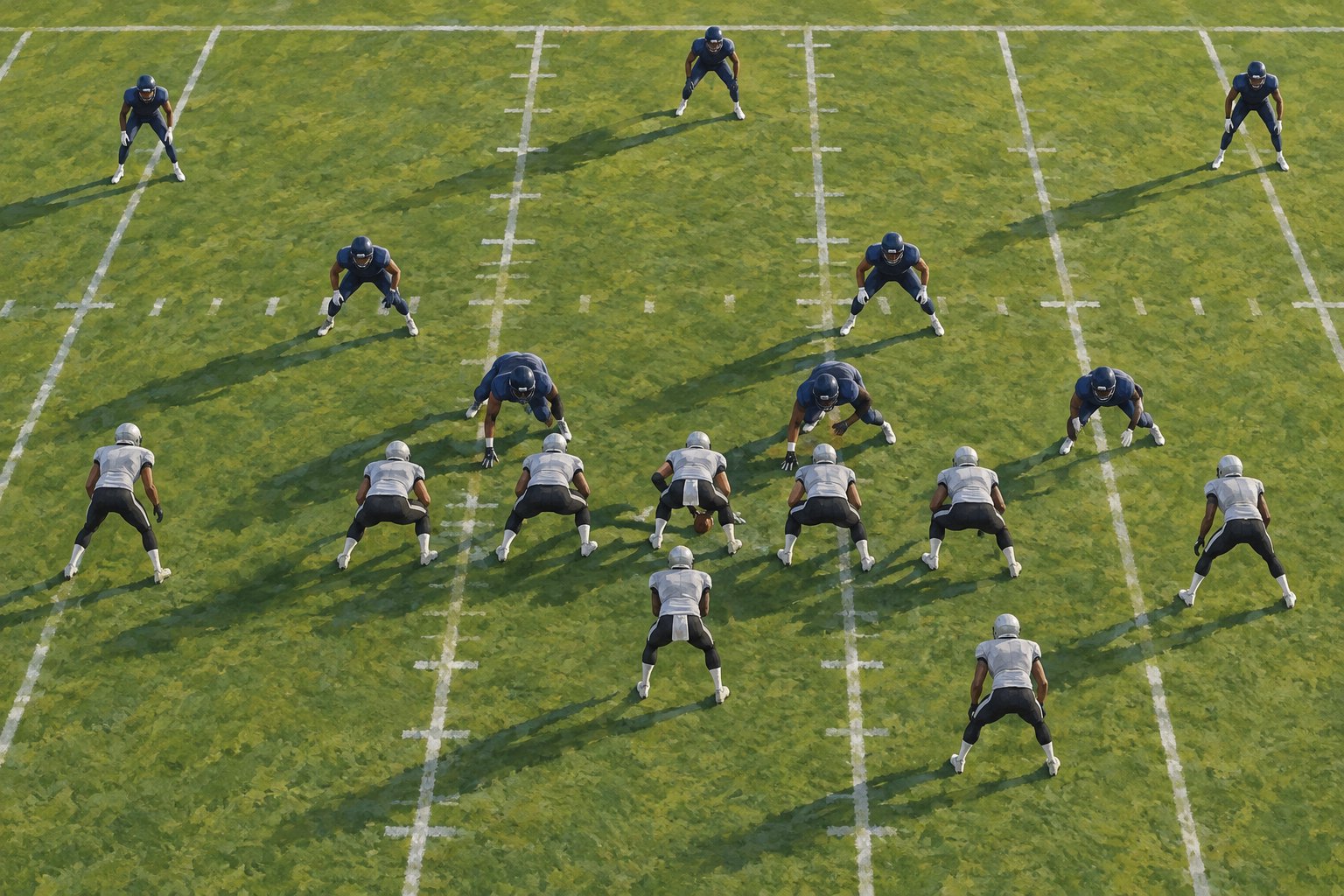 Conceptual overhead illustration of a navy-clad defense facing an offense in silver and black before the snap.