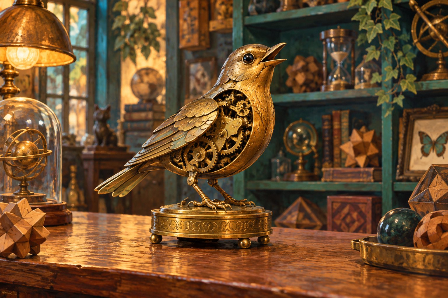 Conceptual illustration of a brass mechanical songbird on a wooden counter in an imagined curiosity shop.