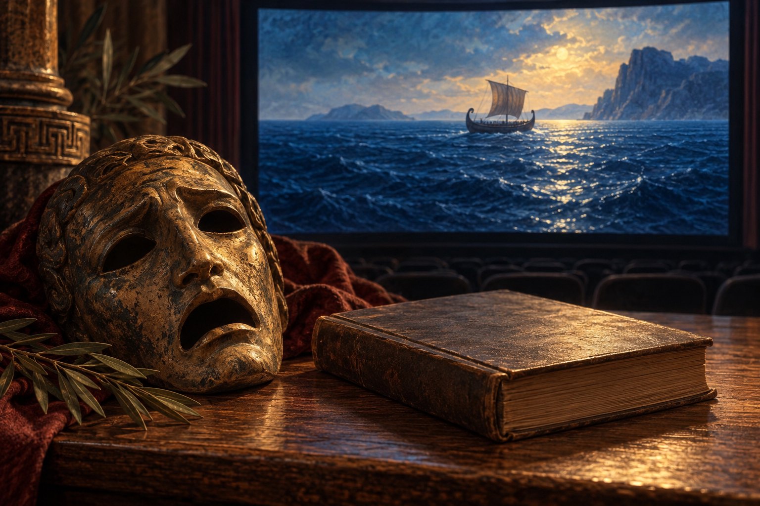 Conceptual illustration of an ancient Greek mask and closed book before a cinema screen depicting a sailing vessel at sea.