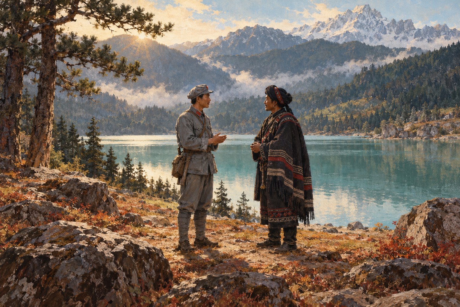 彝海结盟主题插画：身穿灰色军服与深色彝族披毡的两个人物在高山湖畔平等交谈