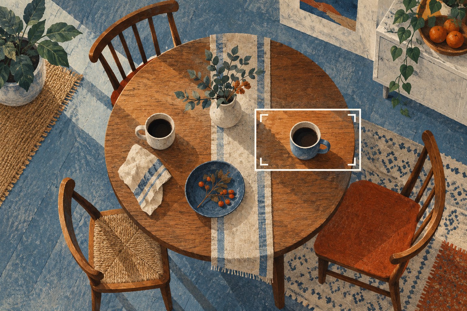 Conceptual illustration of a camera frame isolating one cup on a dining table surrounded by three empty chairs.
