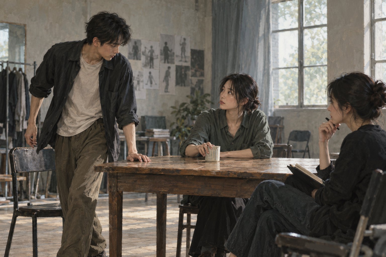 两位青年演员围绕木桌排练人物动作，导演在一旁观察的场景插画