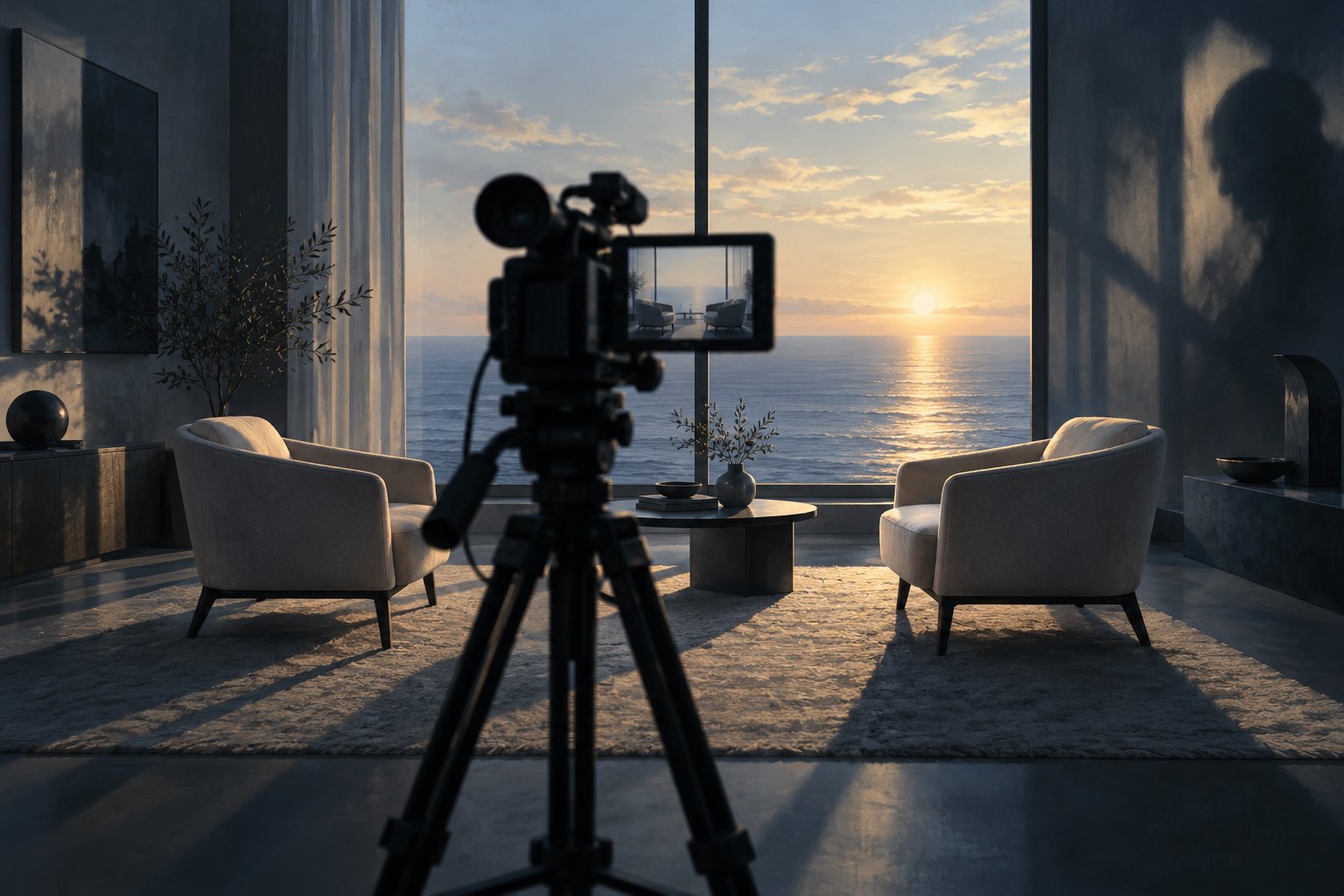 Conceptual illustration of a documentary camera facing two empty armchairs beside an ocean-view window.