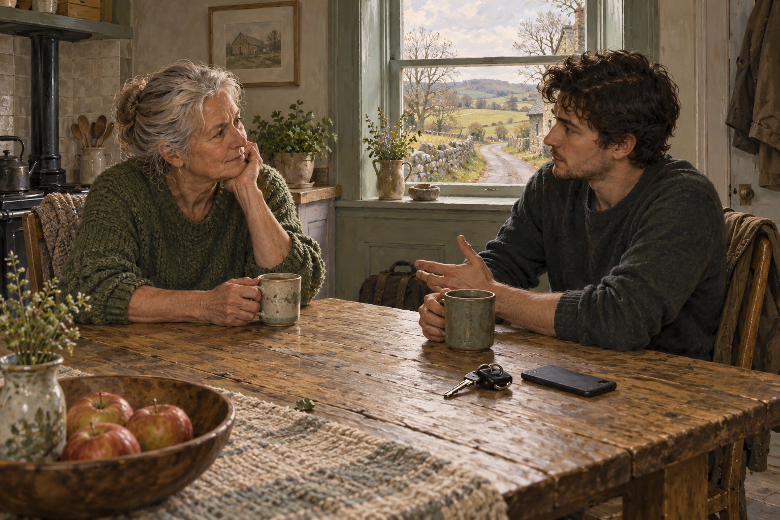 An illustrated older woman and young man talk across a rural kitchen table with mugs, car keys, and a phone.