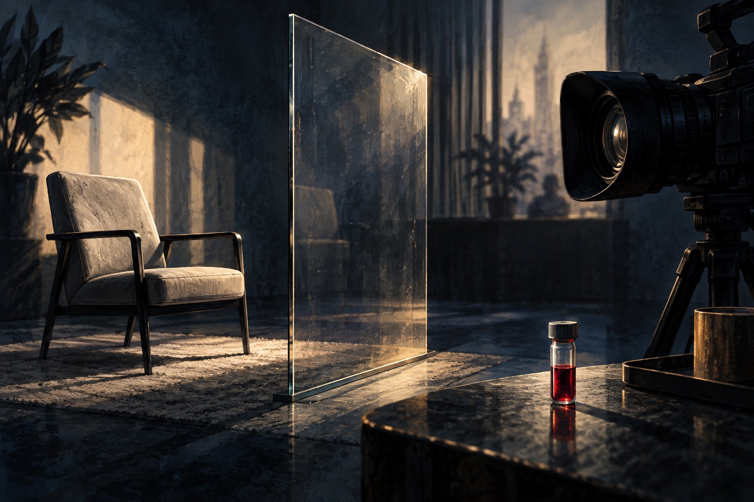 Conceptual illustration of an empty interview chair facing a camera across a glass pane, with a small blood sample vial nearby.