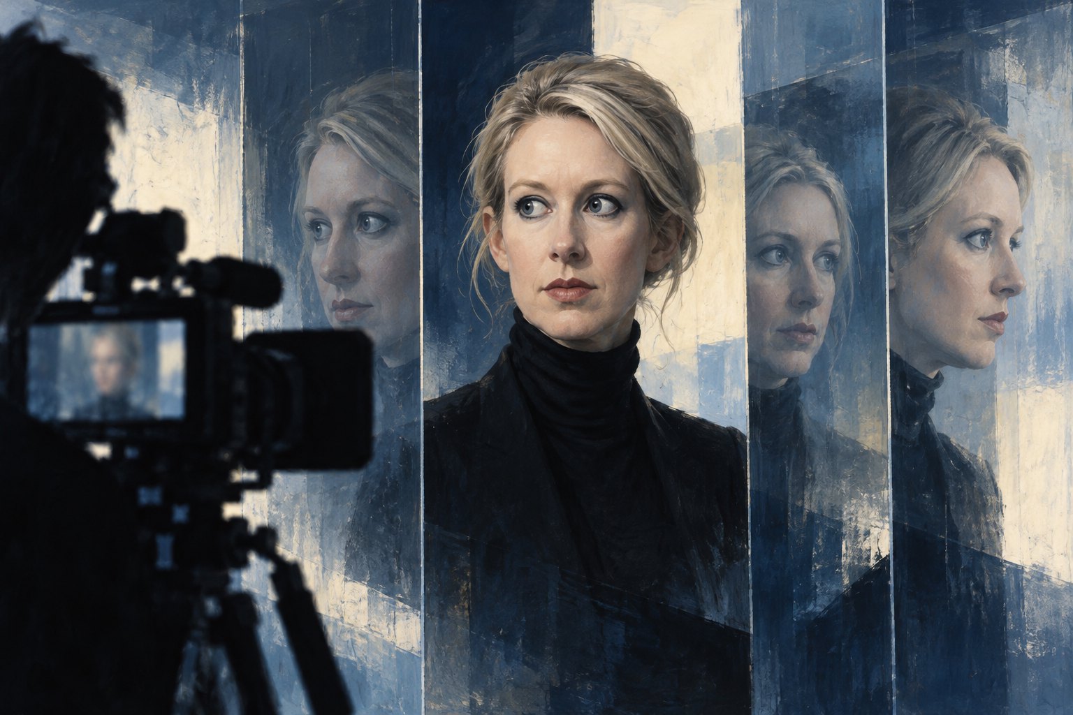 Conceptual illustration of Elizabeth Holmes reflected in overlapping glass panels with a documentary camera in the foreground.