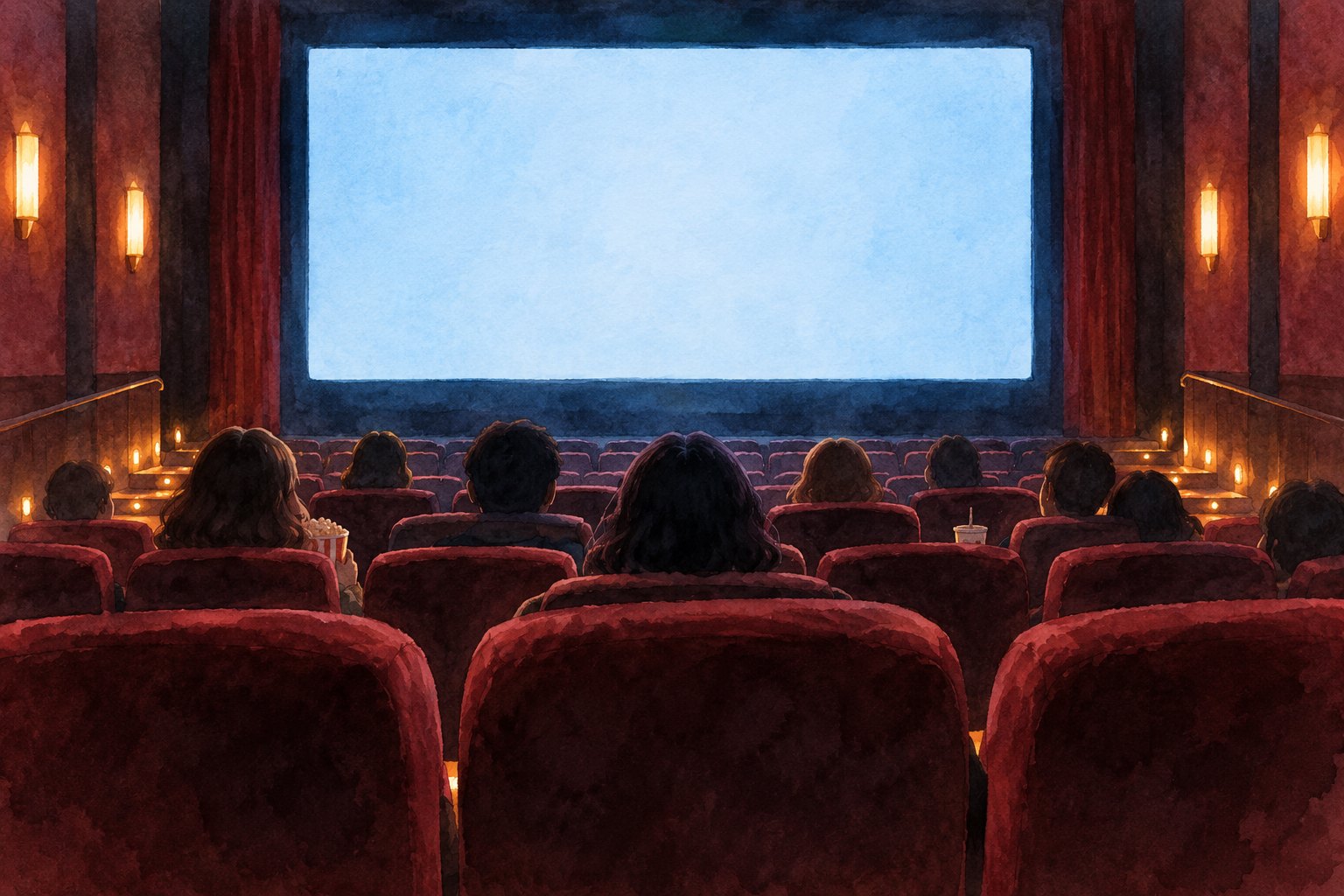 Watercolor illustration of scattered audience silhouettes facing a pale blue screen in a warmly lit movie theater.
