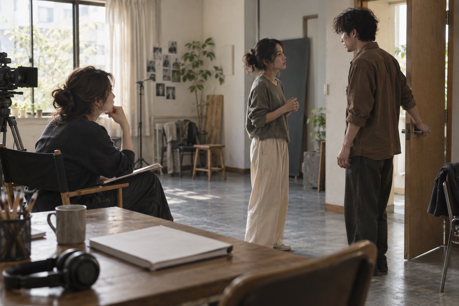 年轻导演观察两名演员在门边排练，呈现人物互动与创作协作的概念插画