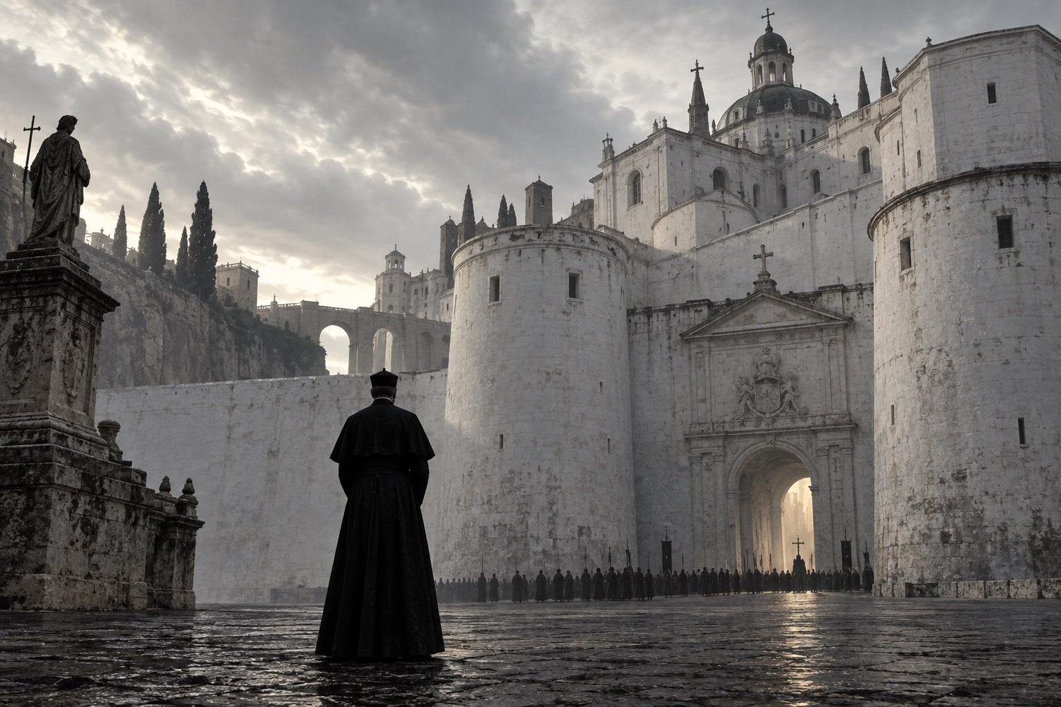 Conceptual illustration of a solitary priest in a black cassock beneath towering pale city walls.