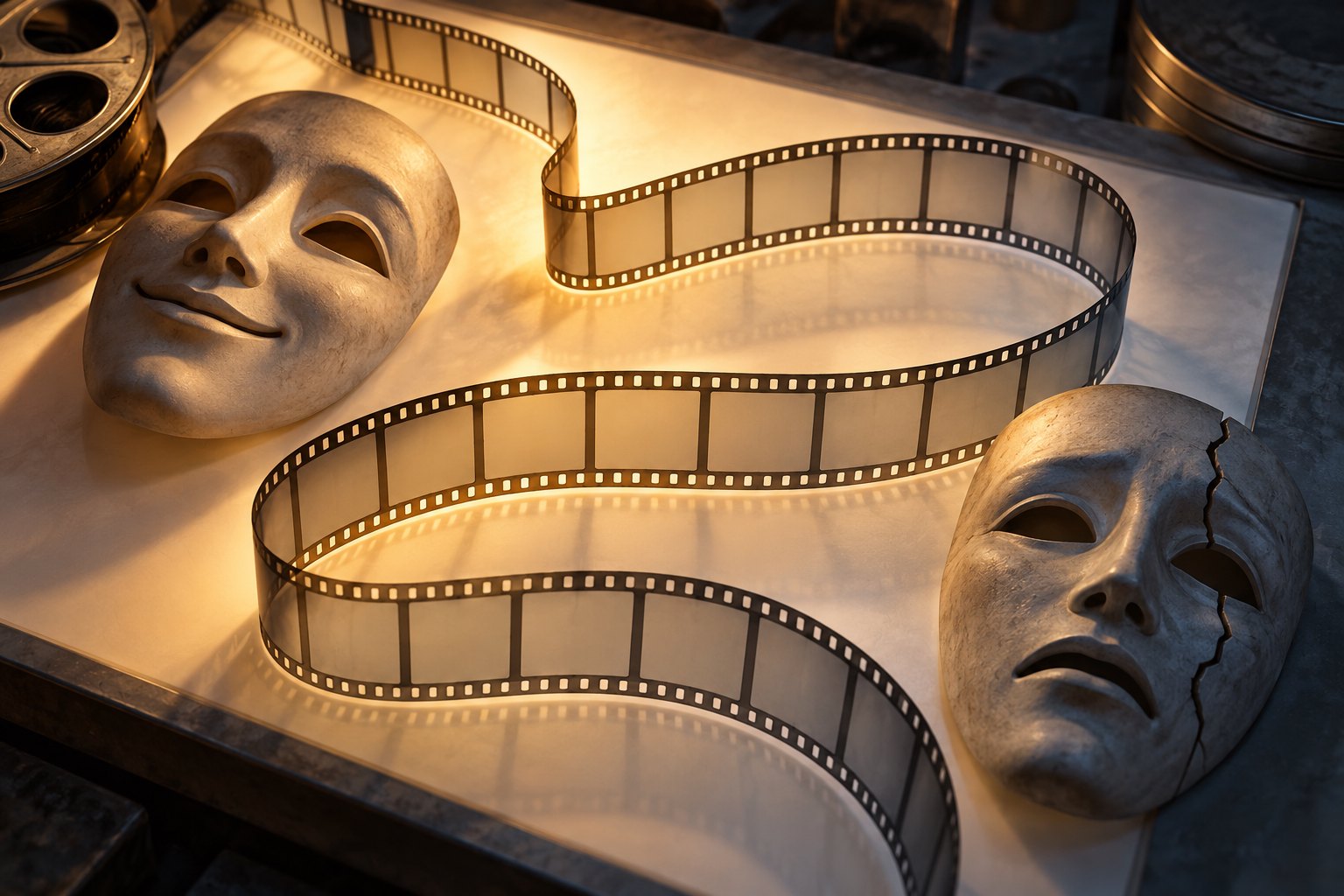 Two clay theatrical masks, one cracked, beside a winding strip of blank film on an illuminated table.