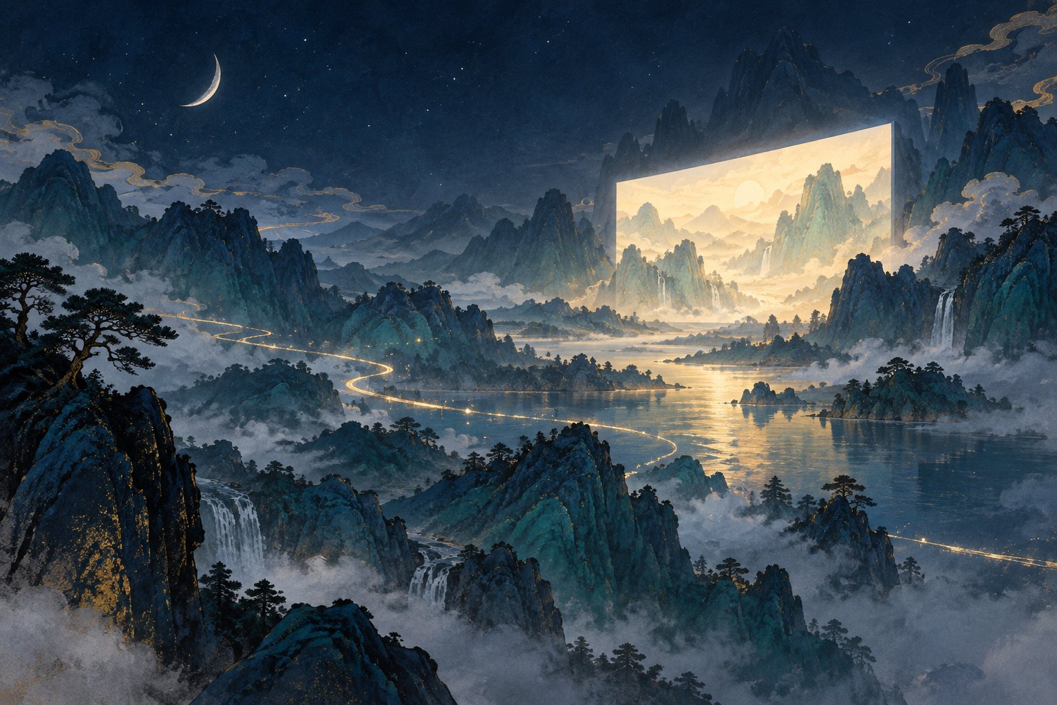 青绿山峦与云雾间交织金色光带和银幕意象的原创插画,非电影剧照