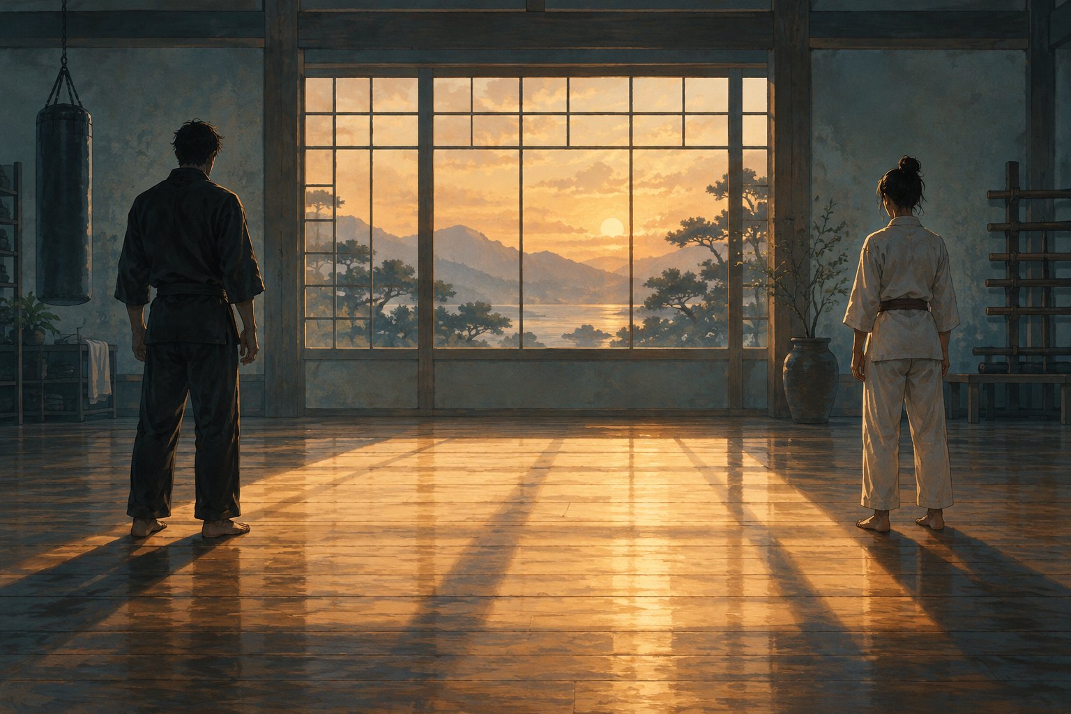 Conceptual illustration of two anonymous martial artists standing apart in a quiet training room filled with warm window light.