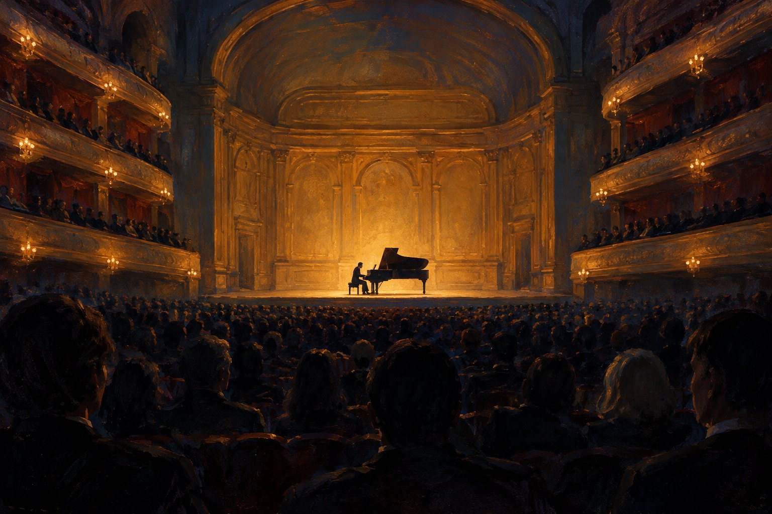 Conceptual painting of a lone pianist illuminated on a grand concert stage beyond a shadowed audience.