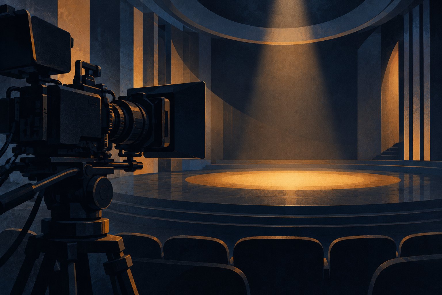 Conceptual illustration of a cinema camera facing an empty stage under amber light, with dark auditorium seats in the foreground.