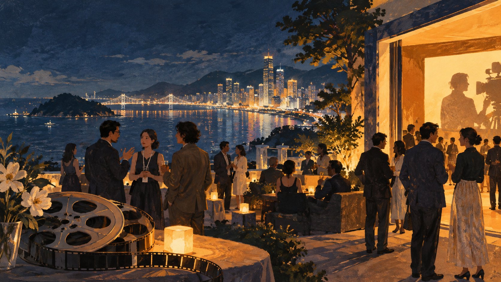 海岸夜色中影人交流，前景擺放膠卷的概念插畫，非活動現場紀錄