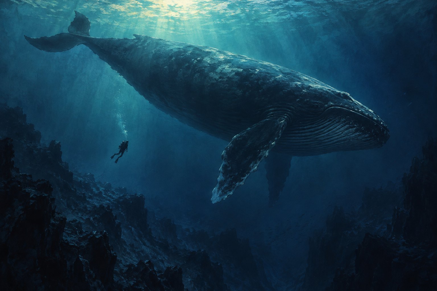 Conceptual ocean illustration of an enormous whale dwarfing a lone diver beneath turquoise light.