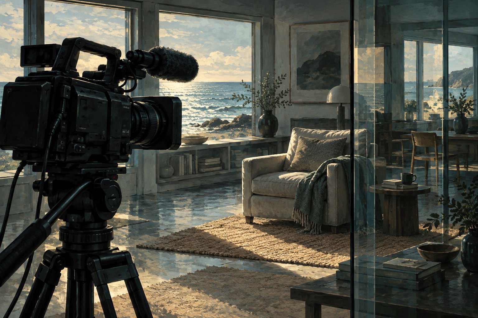 Conceptual illustration of a documentary camera facing an empty armchair in a sunlit coastal living room.