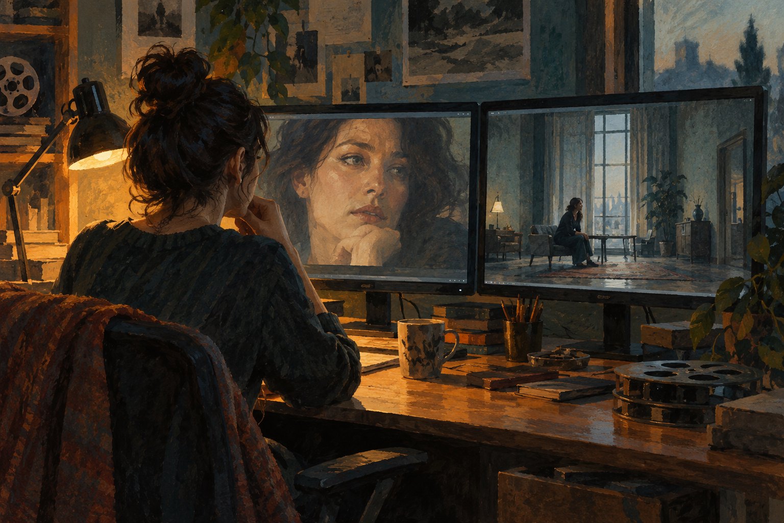 Conceptual illustration of a woman editor studying a close-up and a wide shot of the same fictional character.