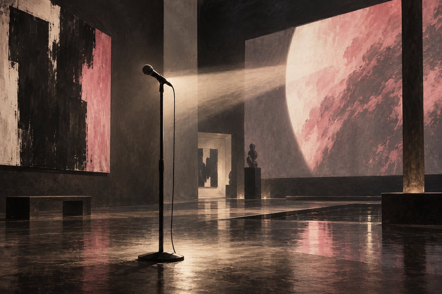 Conceptual illustration of a microphone standing in an abstract museum gallery illuminated by rose-colored projection light.