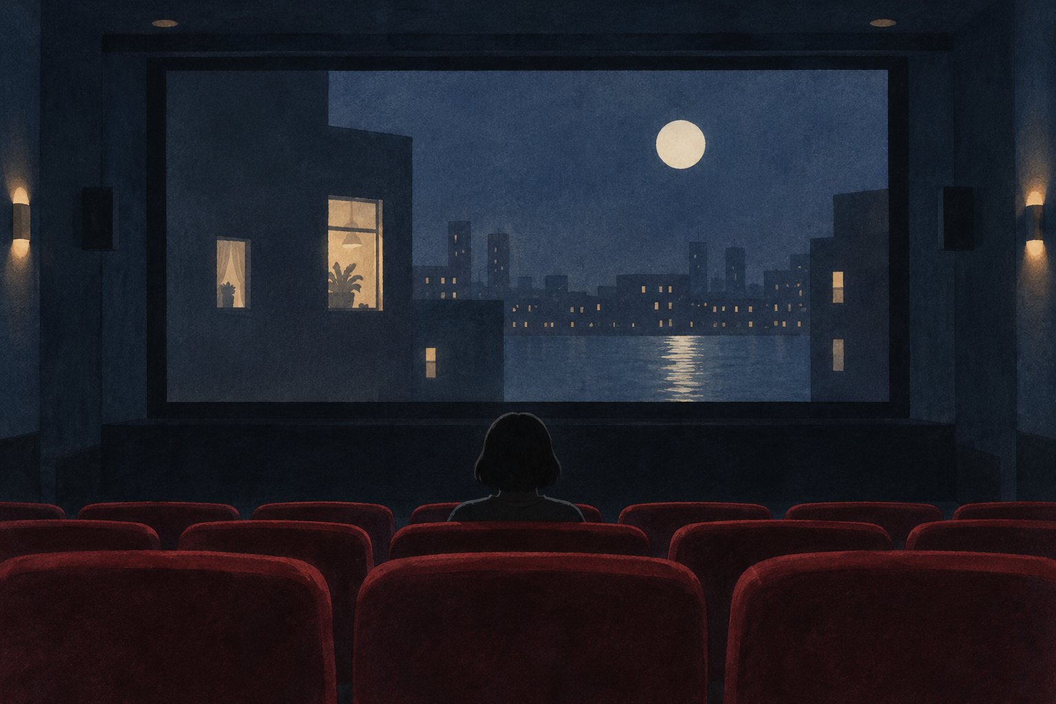 概念插画:暗红色座椅前的影院银幕映出城市夜窗与明月,并非影片剧照