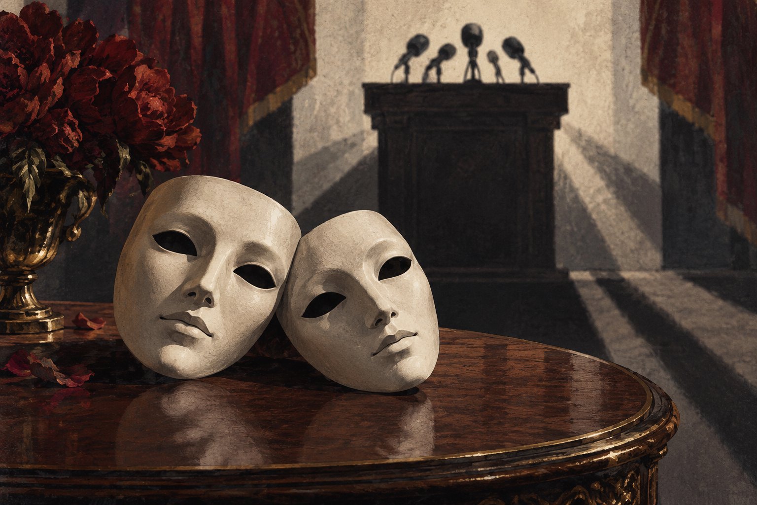 Conceptual illustration of two pale theatrical masks resting together before an empty podium and microphones.