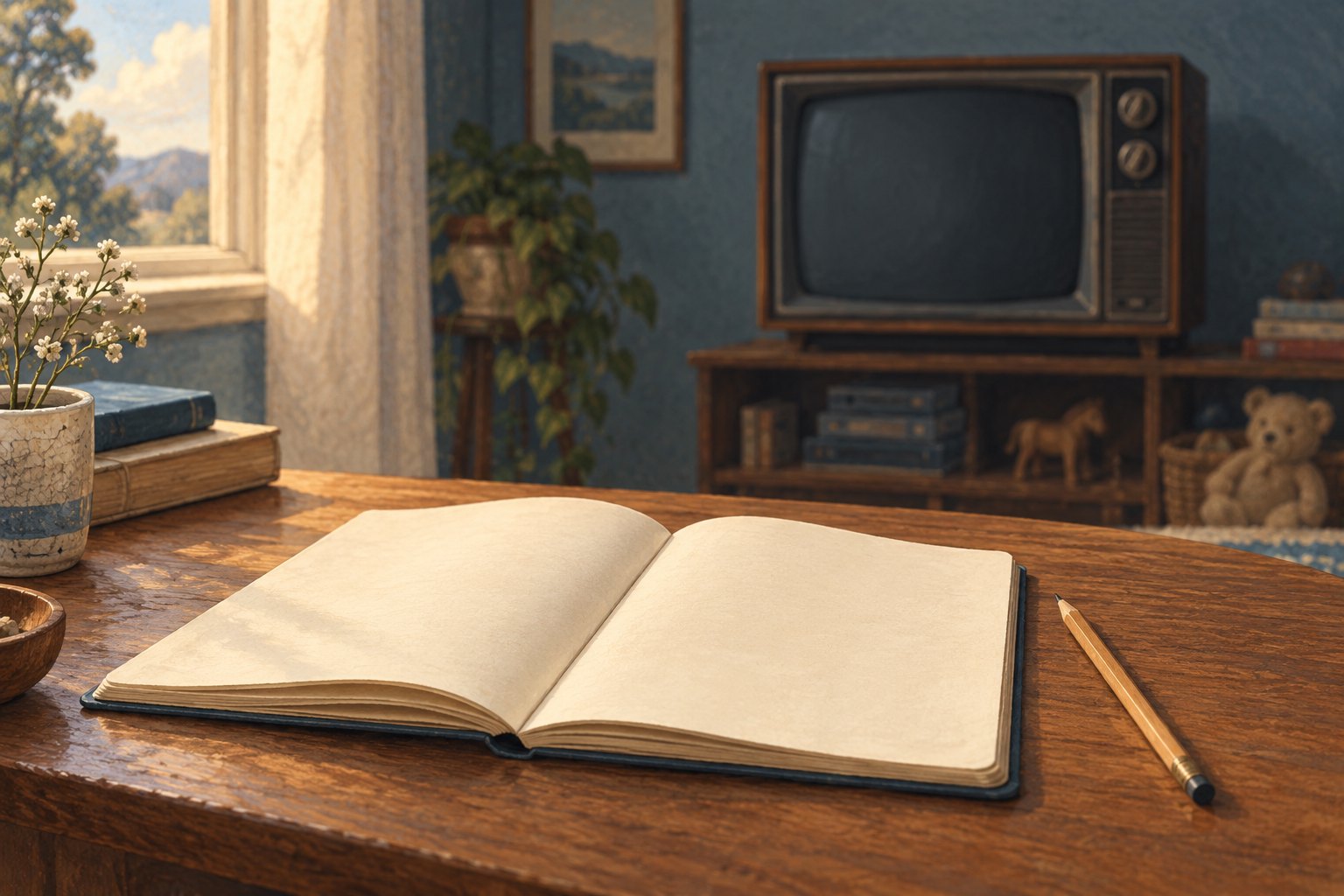 Conceptual illustration of a blank notebook and pencil on a wooden table with a dark television in the background.
