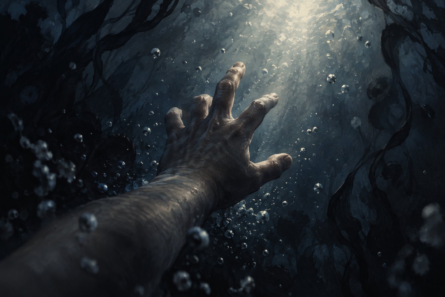 Conceptual illustration of a human hand reaching through dark water toward a narrow shaft of light.