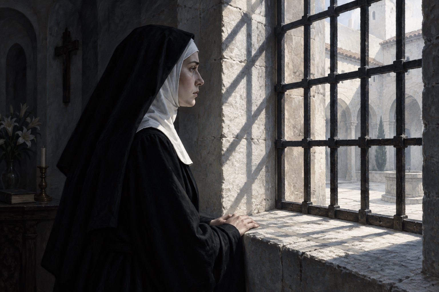 Conceptual illustration of a nun looking through a barred convent window into an empty stone courtyard.