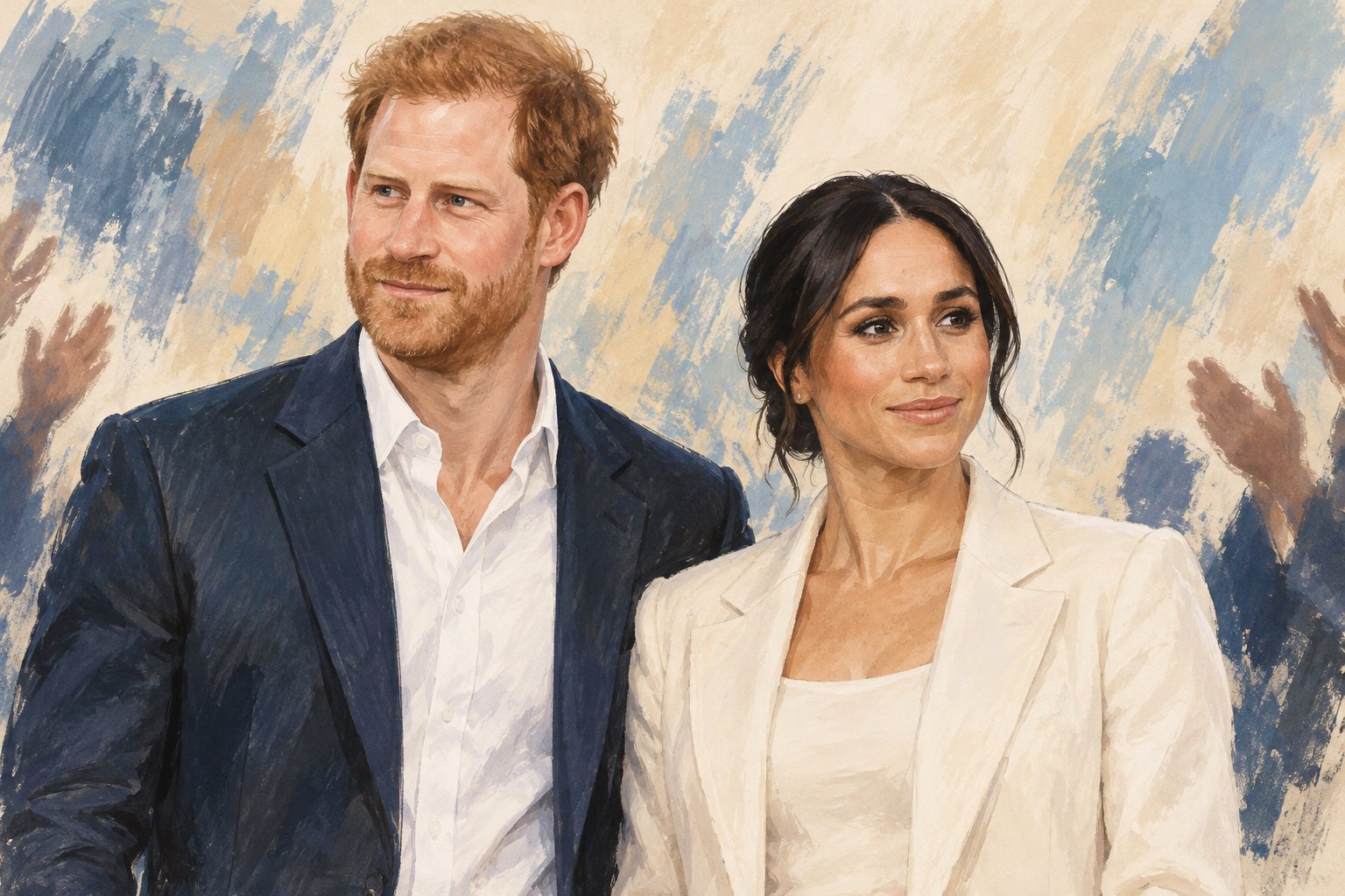 Conceptual painted illustration of Prince Harry and Meghan against an abstract background with applauding hands.
