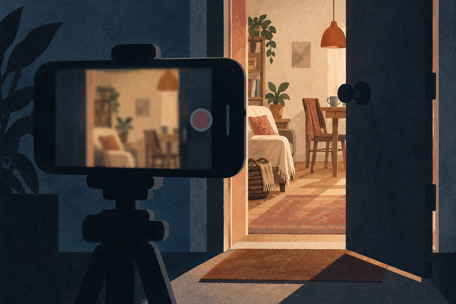 Conceptual illustration of a dark smartphone facing a warmly lit domestic doorway.